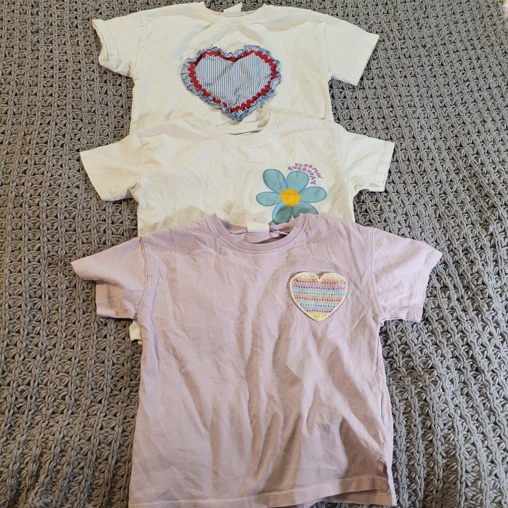 Zara Girls T-Shirt Lot 5 White Lavender Cotton Heart Flower Casual Spring